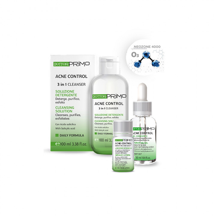 Система дом догляду ACNE CONTROL 24H з трьох продуктів: очищення, лікувальна гідратація, локальне лікування